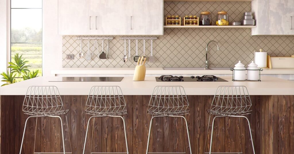 Four Gray Bar Stools in Front of Kitchen Countertop